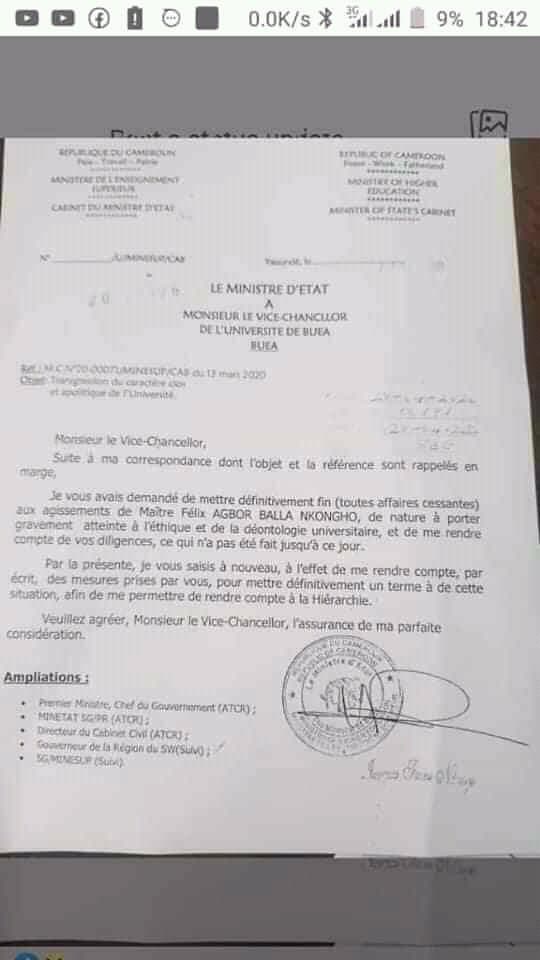 Le ministre de l'Enseignement supérieur ordonne au vice-chancelier de l'UB de suspendre les fonctions d'enseignant d'Agbor Felix Balla, avocat spécialisé dans les droits de l'homme