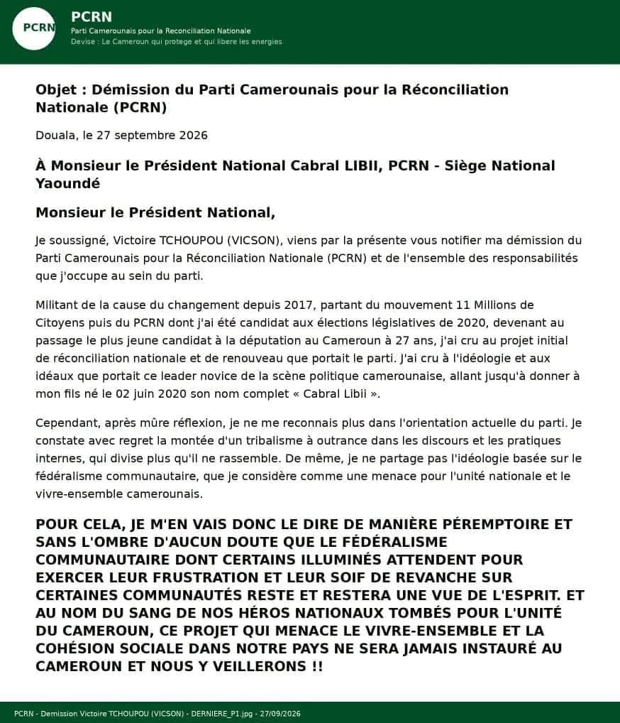 Cameroon – PCRN: High-Profile Resignation of Victoire Tchoupou (Vicson) Deals Heavy Blow to Cabral Libii