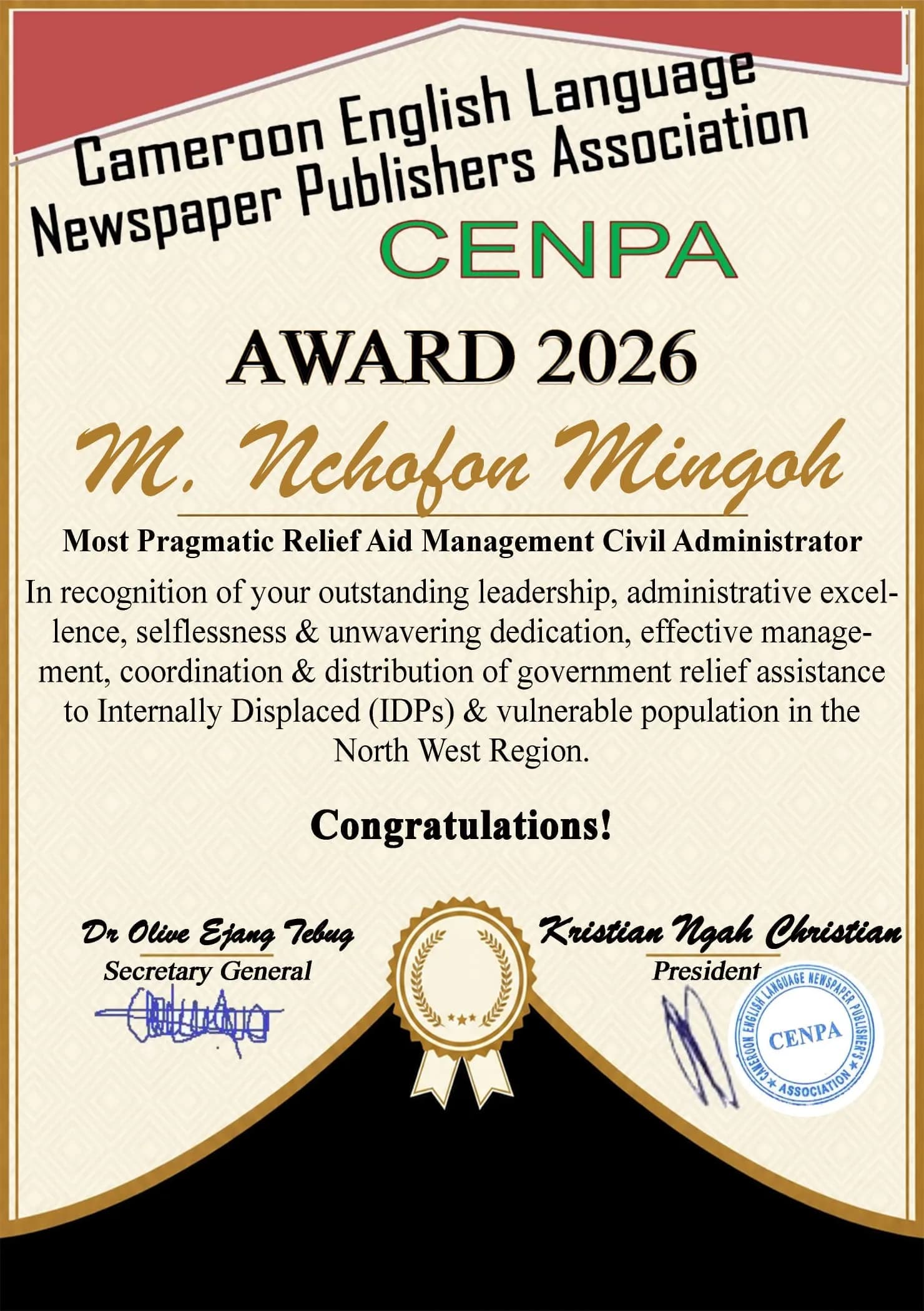 CENPA Honors Civil Administrator Nchofon Mingoh for Exceptional Humanitarian Leadership in the North West Region