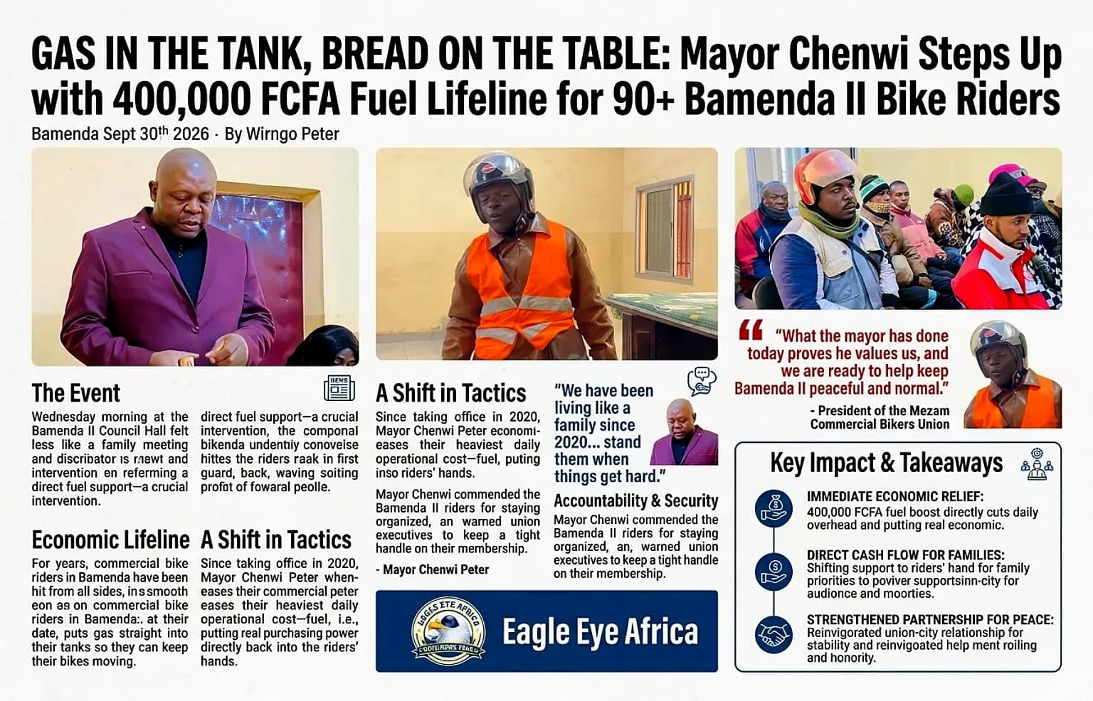 GAS IN THE TANK, BREAD ON THE TABLE: Mayor Chenwi Steps Up with 400,000 FCFA Fuel Lifeline for 90+ Bamenda II Bike Riders